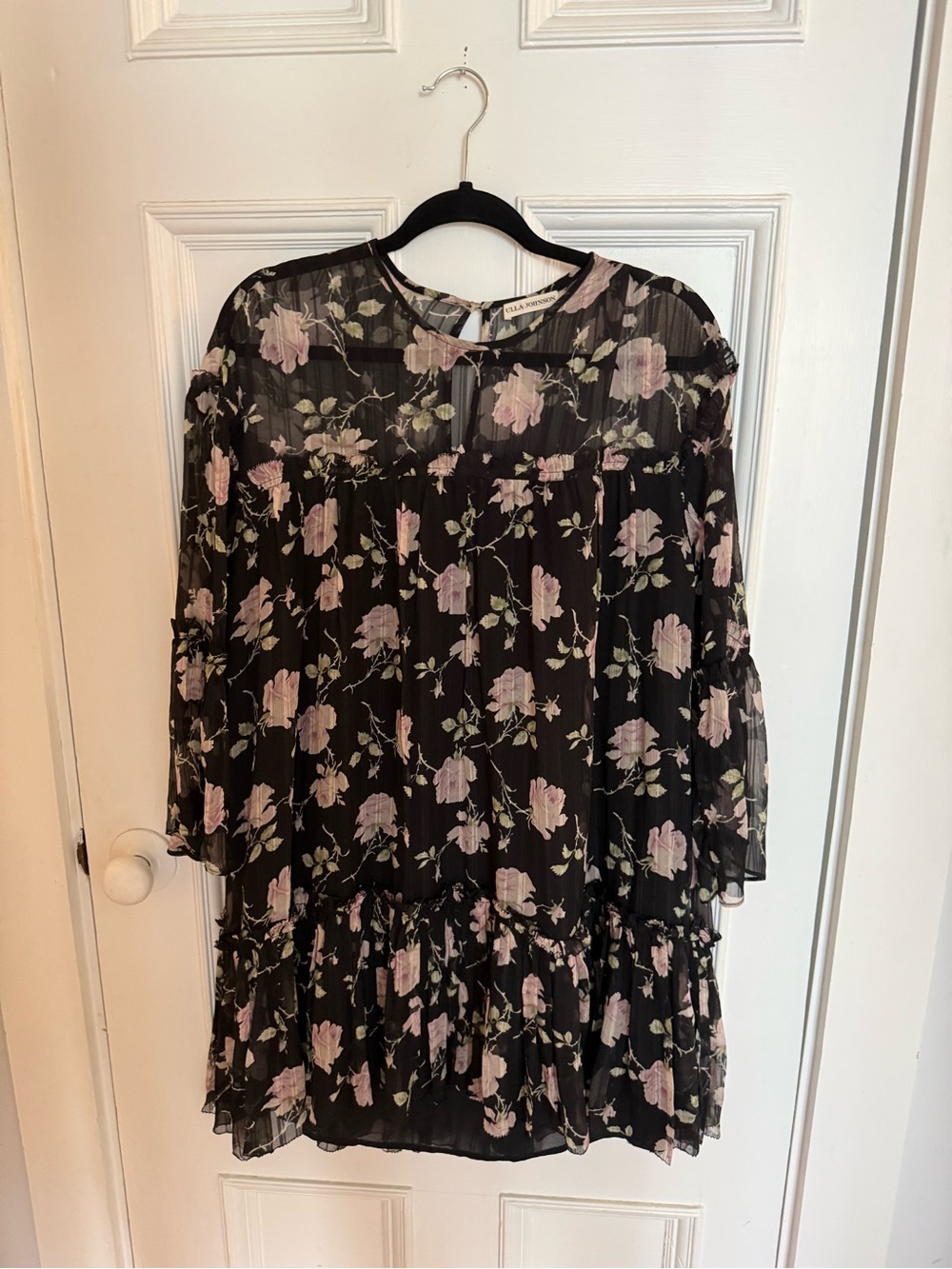 Ulla Johnson Silk, Black Sheer Floral Dress with Pink and Cream Blooms, Size 6.